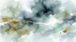 Papier peint panoramique abstrait - Nuages aquarelle vaporeuse tons vert sauge gris bleu et rehauts dorés sur mesure - Design