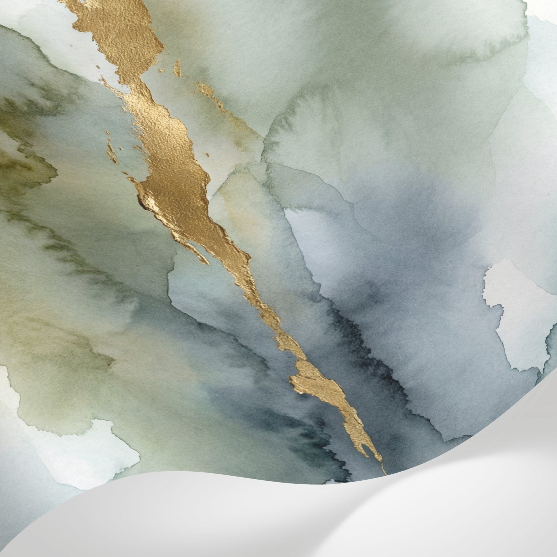 Papier peint panoramique abstrait - Nuages aquarelle vaporeuse tons vert sauge gris bleu et rehauts dorés sur mesure - Matière