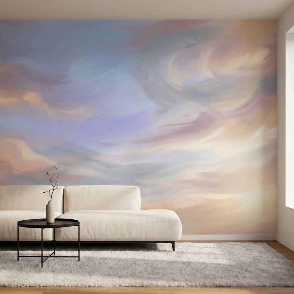 papier peint panoramique abstrait nuages colores degrade pastel tons violet rose-1