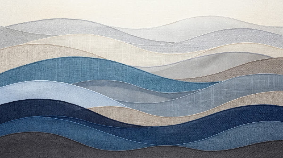 Papier peint panoramique abstrait - Vagues fluides ondulations superposées tons bleu canard beige et gris sur mesure - Design