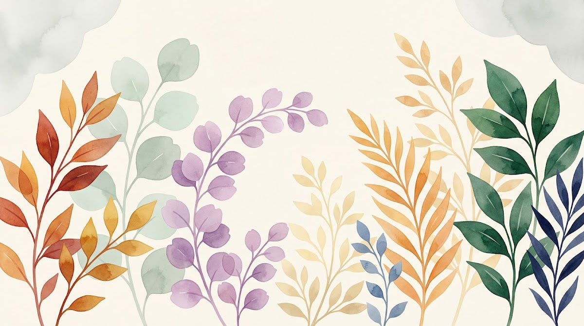 Papier peint panoramique aquarelle - Branchages feuillage tons beige crème vert sauge et violet lavande sur mesure - Design