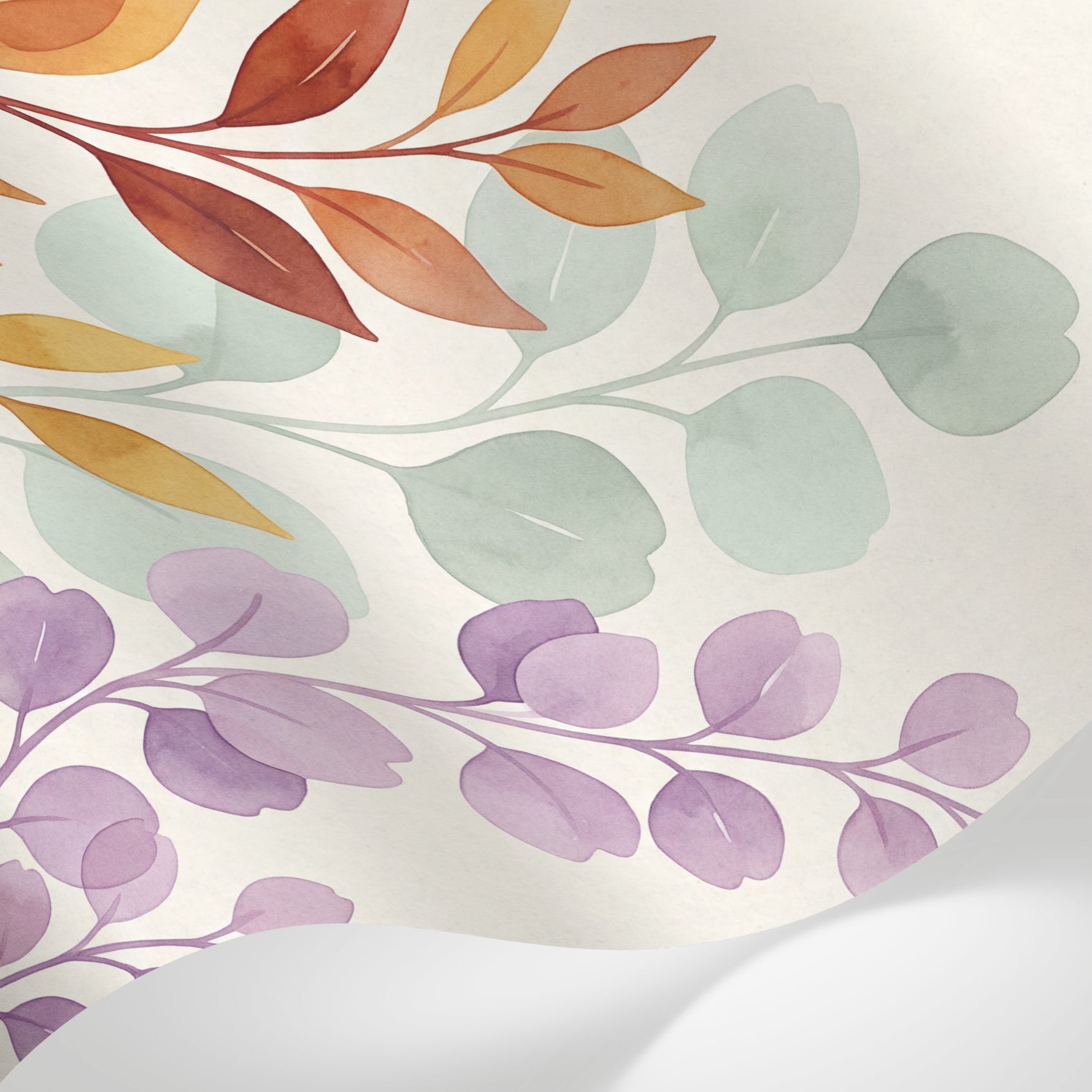 Papier peint panoramique aquarelle - Branchages feuillage tons beige crème vert sauge et violet lavande sur mesure - Matière