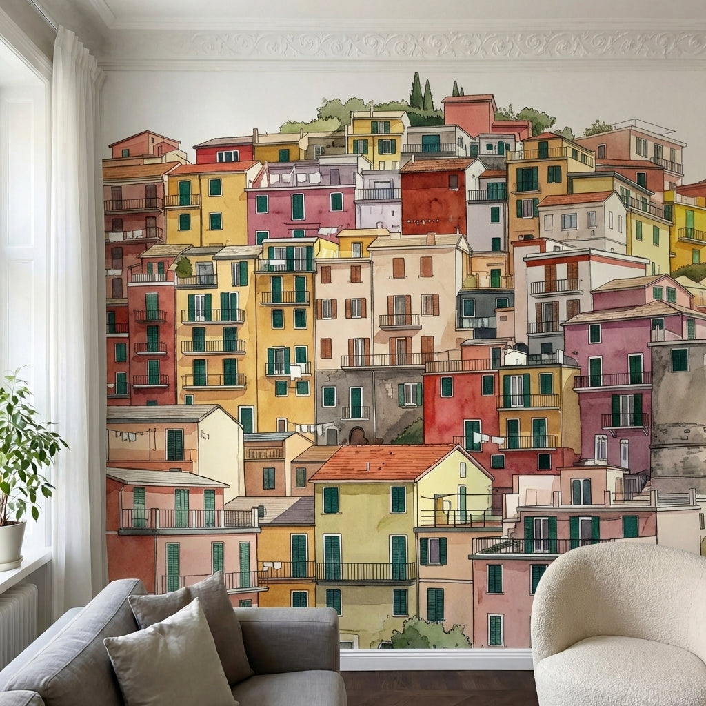 papier peint panoramique aquarelle village colore maisons etagees balcons tons r-2