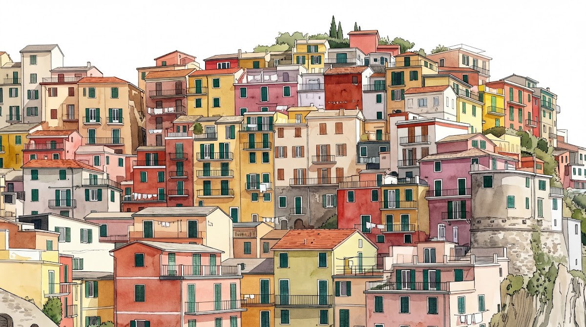 Papier peint panoramique aquarelle - Village coloré maisons étagées balcons tons rouge corail jaune et rose sur mesure - Design