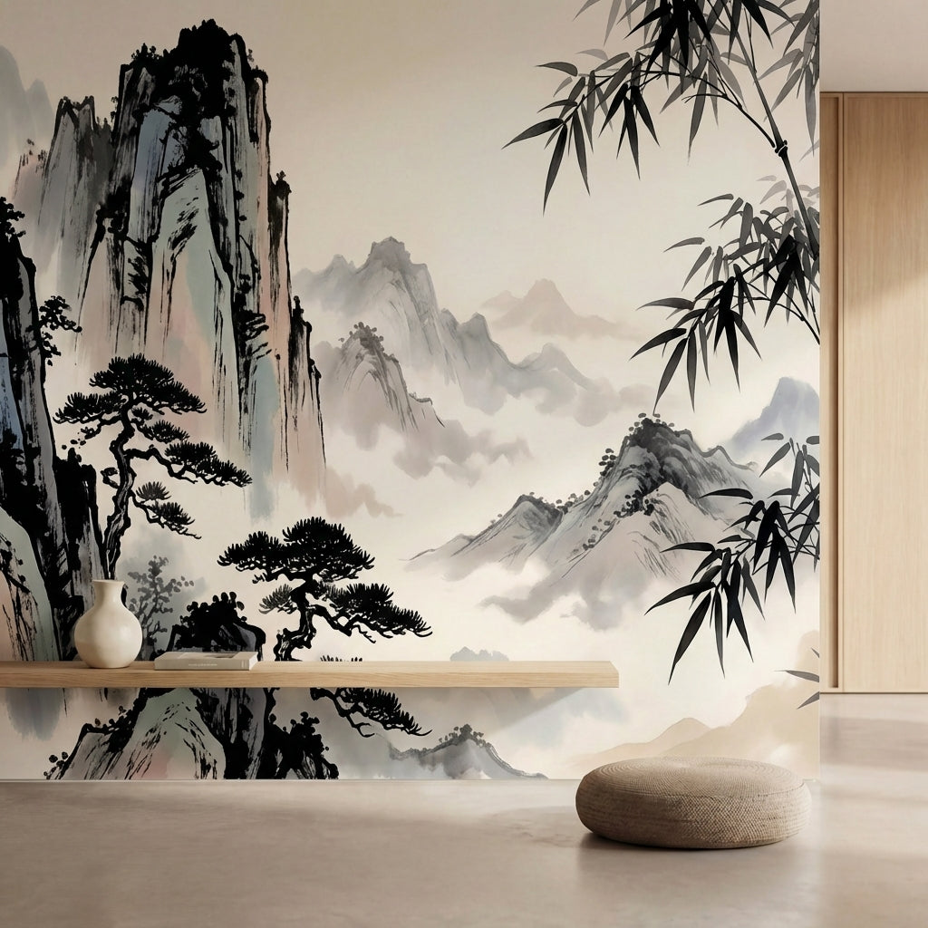 papier peint panoramique arbre japonais paysage montagneux bambous brume tons gr-1