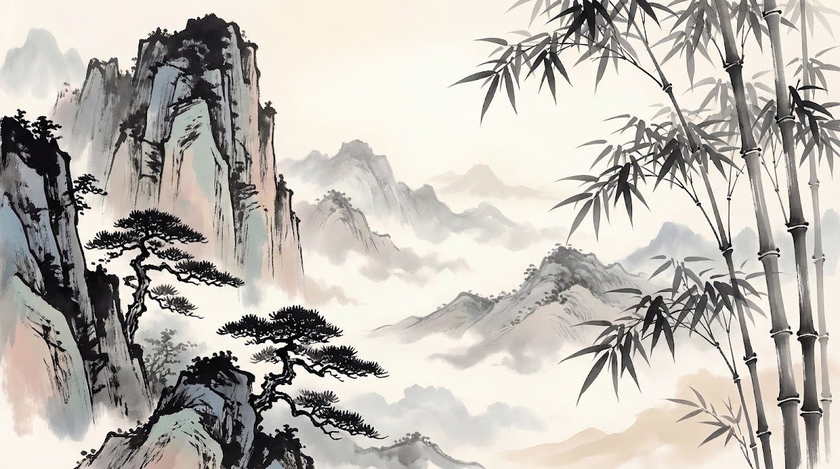 Papier peint panoramique arbre japonais - Paysage montagneux bambous brume tons gris beige et blanc sur mesure - Design