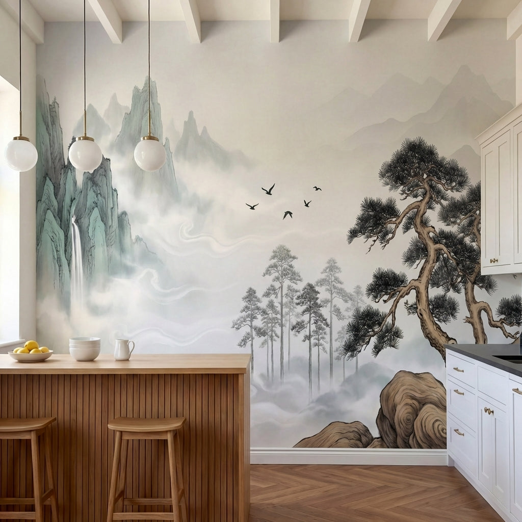 papier peint panoramique arbre japonais pins paysage montagneux brumes oiseaux t-1