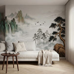 papier peint panoramique arbre japonais pins paysage montagneux brumes oiseaux t-VARIANTE-10