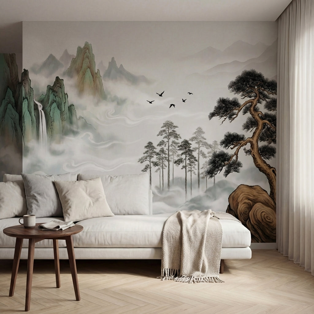 papier peint panoramique arbre japonais pins paysage montagneux brumes oiseaux t-VARIANTE-10