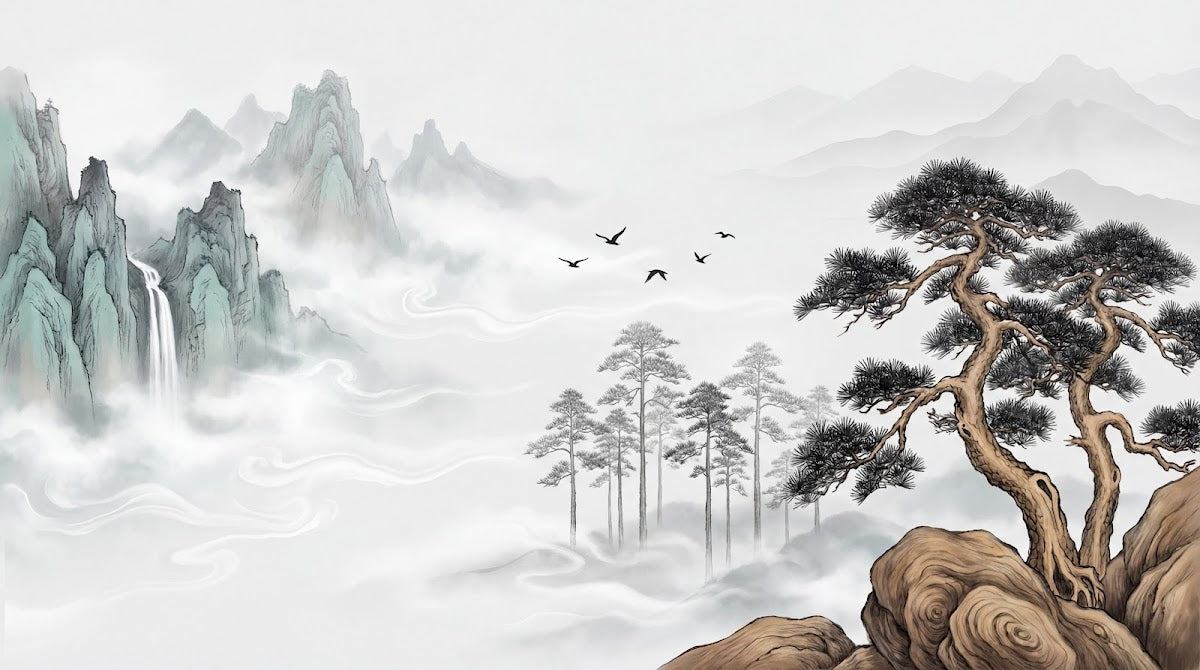 Papier peint panoramique arbre japonais - Pins paysage montagneux brumes oiseaux tons beige et gris sur mesure - Design