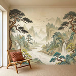papier peint panoramique arbre japonais pins tordus cascade montagne brume tons -4
