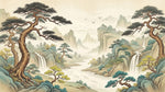 Papier peint panoramique arbre japonais - Pins tordus cascade montagne brume tons beige crème et vert sauge sur mesure - Design