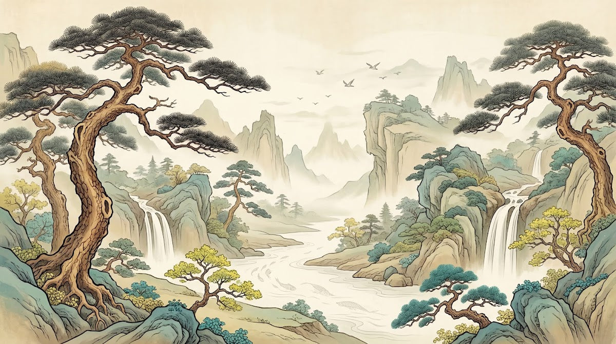 Papier peint panoramique arbre japonais - Pins tordus cascade montagne brume tons beige crème et vert sauge sur mesure - Design