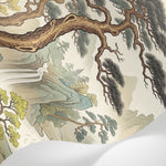Papier peint panoramique arbre japonais - Pins tordus cascade montagne brume tons beige crème et vert sauge sur mesure - Matière