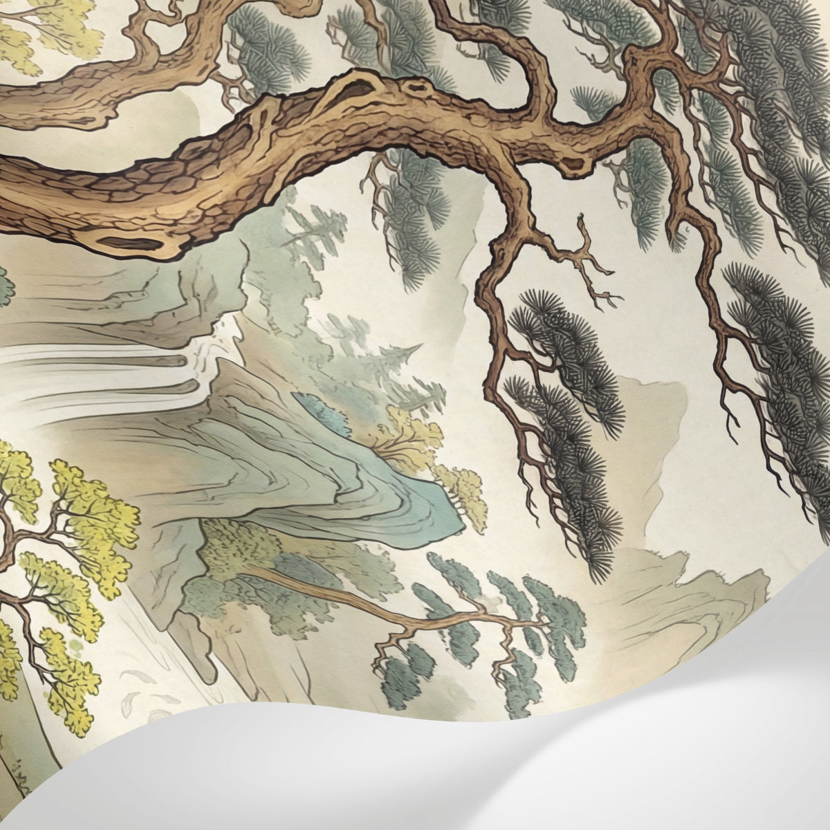 Papier peint panoramique arbre japonais - Pins tordus cascade montagne brume tons beige crème et vert sauge sur mesure - Matière