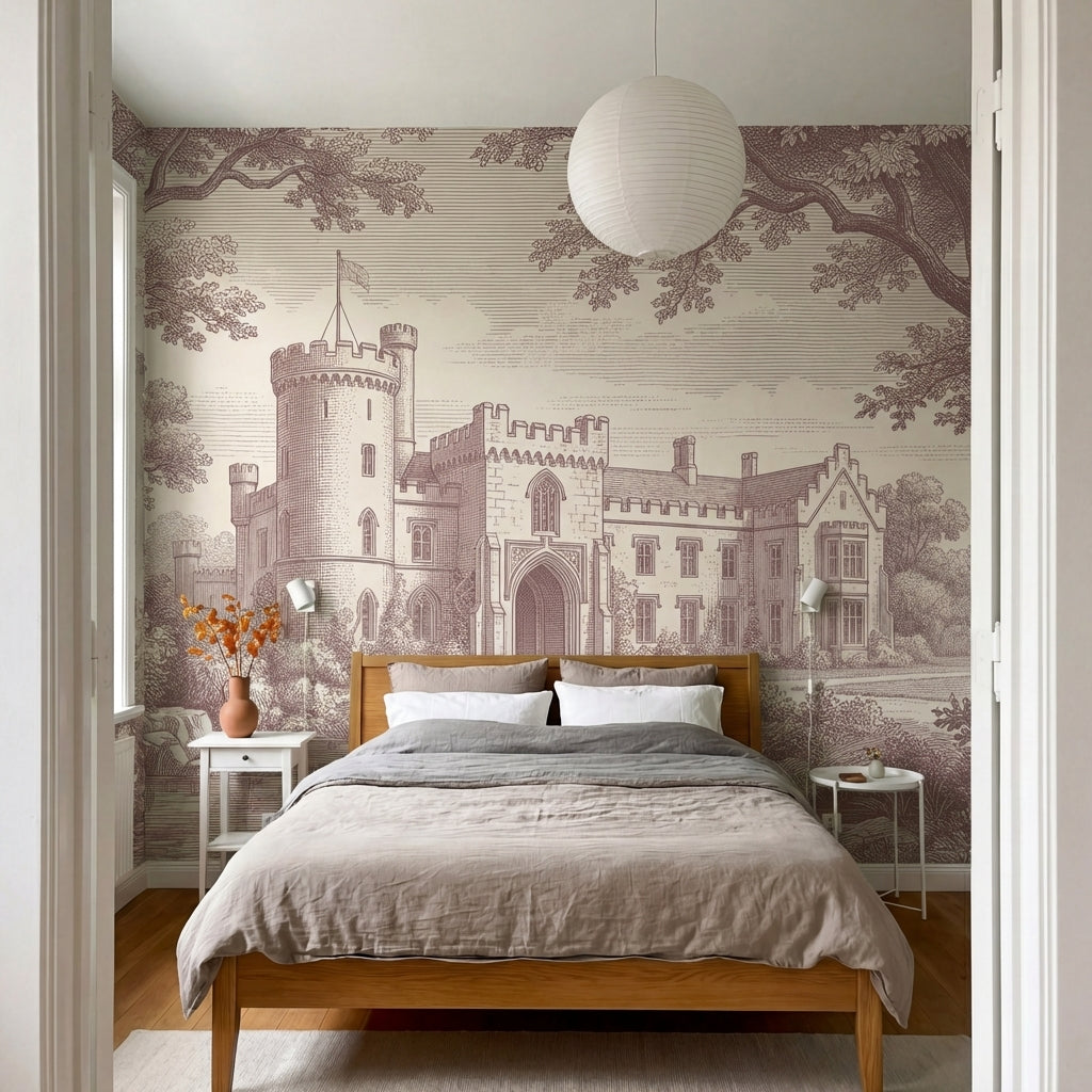 papier peint panoramique arbre noir et blanc chateau medieval tours fortifiees e-8