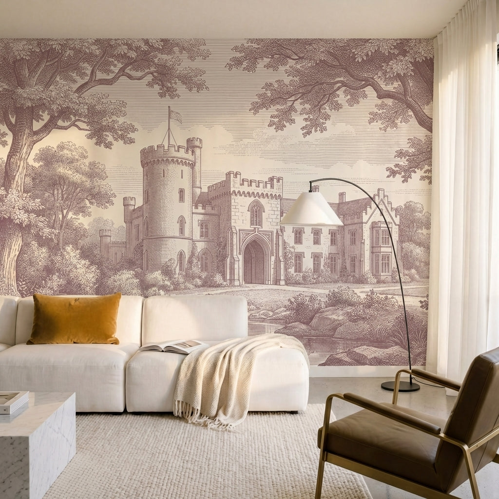 papier peint panoramique arbre noir et blanc chateau medieval tours fortifiees e-9