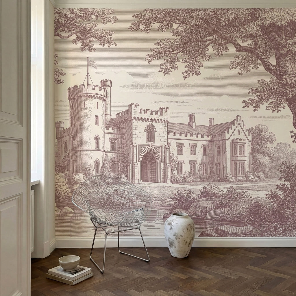 papier peint panoramique arbre noir et blanc chateau medieval tours fortifiees e-HERO-10