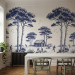 papier peint panoramique arbre noir et blanc pins parasol cabanes rustiques pers-2