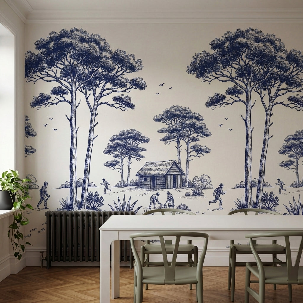 papier peint panoramique arbre noir et blanc pins parasol cabanes rustiques pers-2