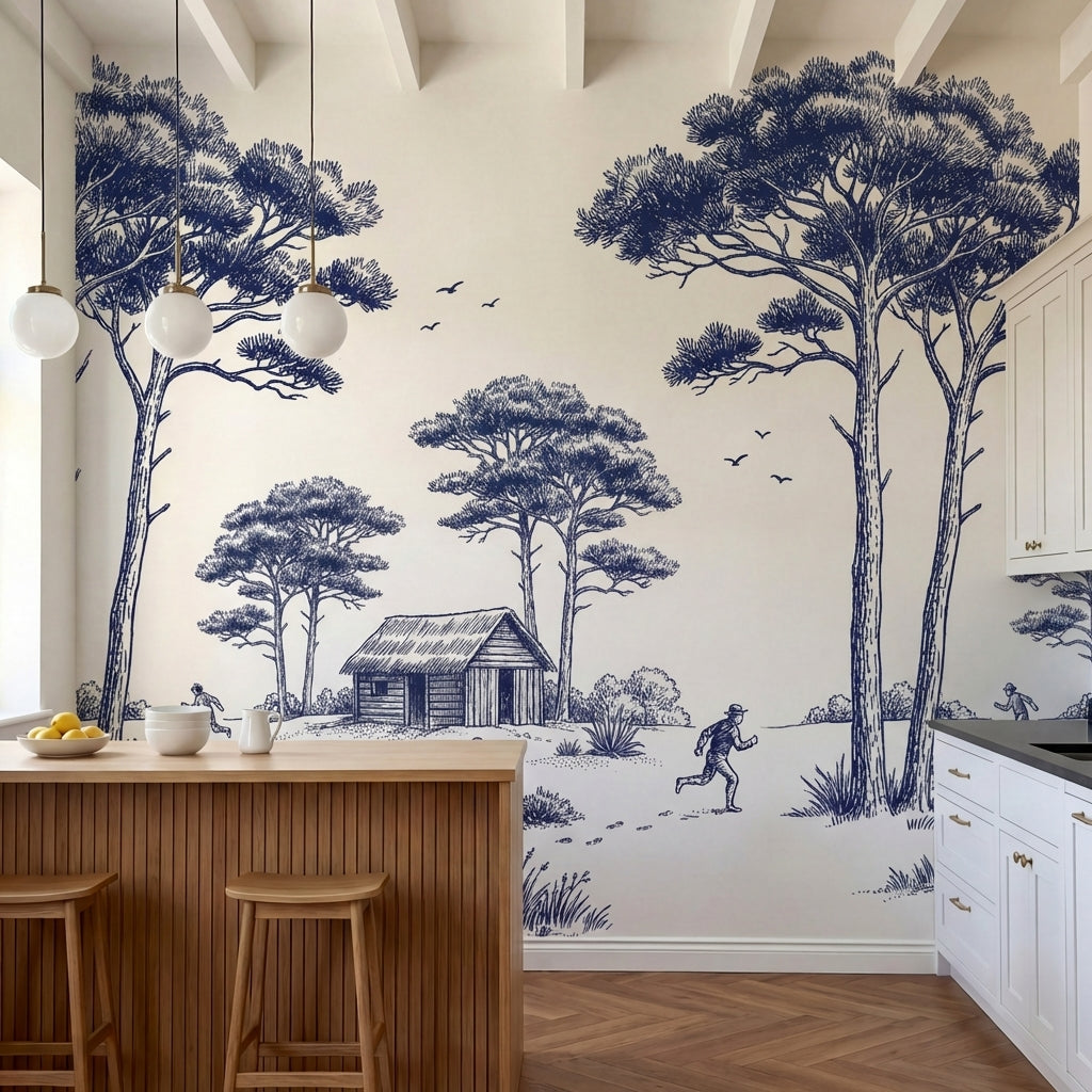 papier peint panoramique arbre noir et blanc pins parasol cabanes rustiques pers-5