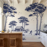 papier peint panoramique arbre noir et blanc pins parasol cabanes rustiques pers-5