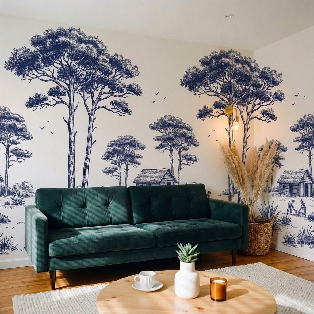papier peint panoramique arbre noir et blanc pins parasol cabanes rustiques pers-7