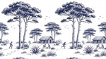 Papier peint panoramique arbres méditerranéens - Pins parasol cabanes rustiques personnages gravure détaillée sur mesure - Design