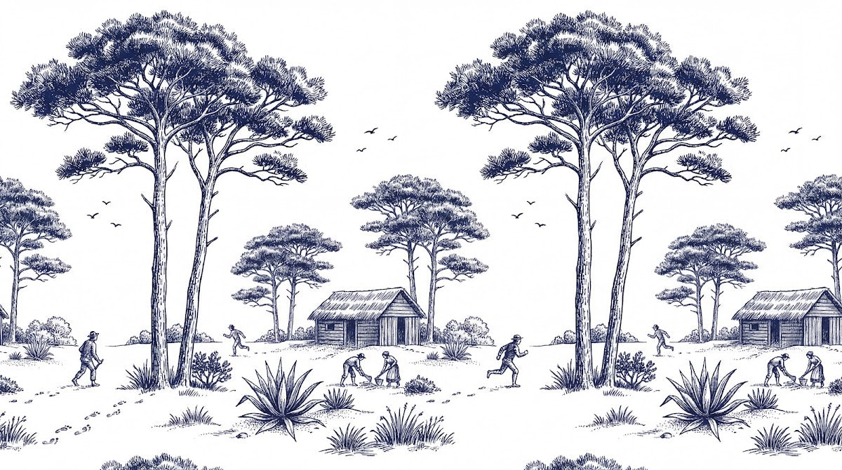 Papier peint panoramique arbres méditerranéens - Pins parasol cabanes rustiques personnages gravure détaillée sur mesure - Design