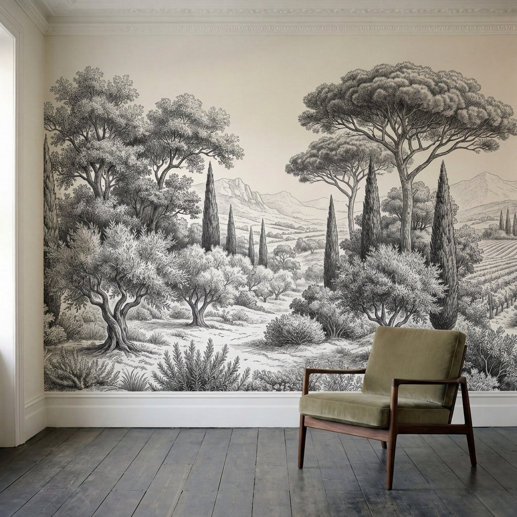 papier peint panoramique arbre noir et blanc pins parasol cypres oliviers paysag-2