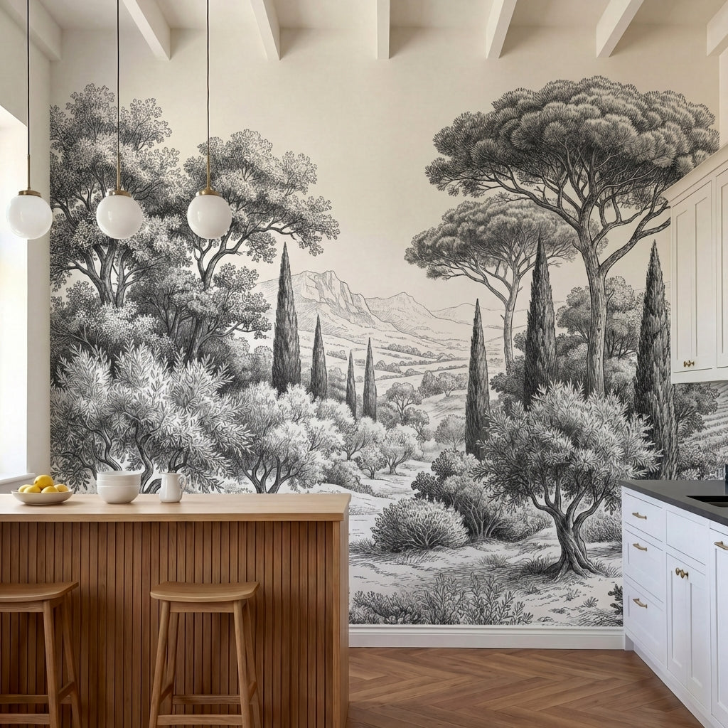 papier peint panoramique arbre noir et blanc pins parasol cypres oliviers paysag-5