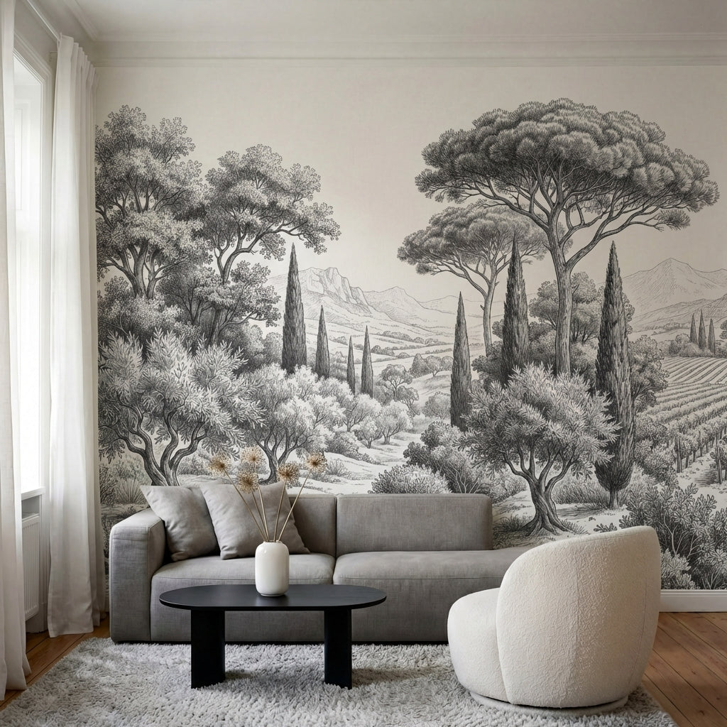 papier peint panoramique arbre noir et blanc pins parasol cypres oliviers paysag-8
