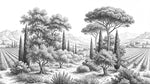 Papier peint panoramique arbres méditerranéens - Pins parasol cyprès oliviers paysage méditerranéen gravure détaillée sur mesure - Design