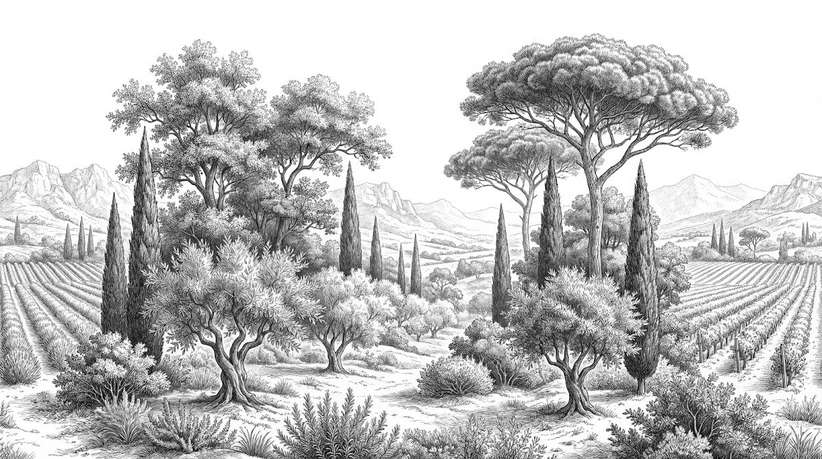 Papier peint panoramique arbres méditerranéens - Pins parasol cyprès oliviers paysage méditerranéen gravure détaillée sur mesure - Design