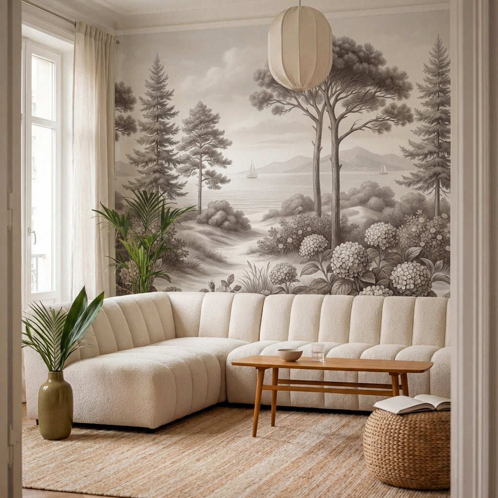 papier peint panoramique arbre noir et blanc pins parasol hortensias bosquets la-10