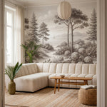 papier peint panoramique arbre noir et blanc pins parasol hortensias bosquets la-10