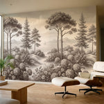 papier peint panoramique arbre noir et blanc pins parasol hortensias bosquets la-3