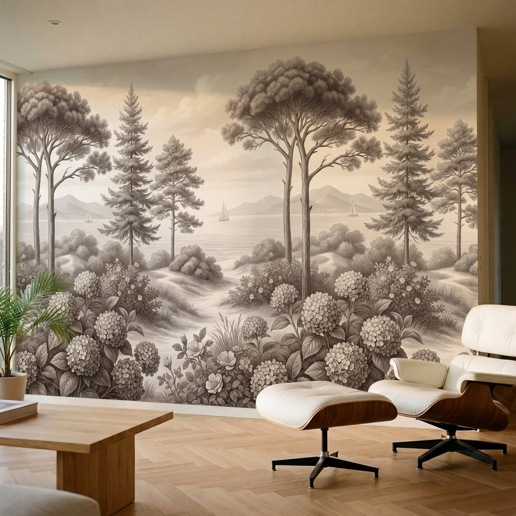 papier peint panoramique arbre noir et blanc pins parasol hortensias bosquets la-3