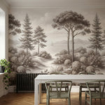 papier peint panoramique arbre noir et blanc pins parasol hortensias bosquets la-4