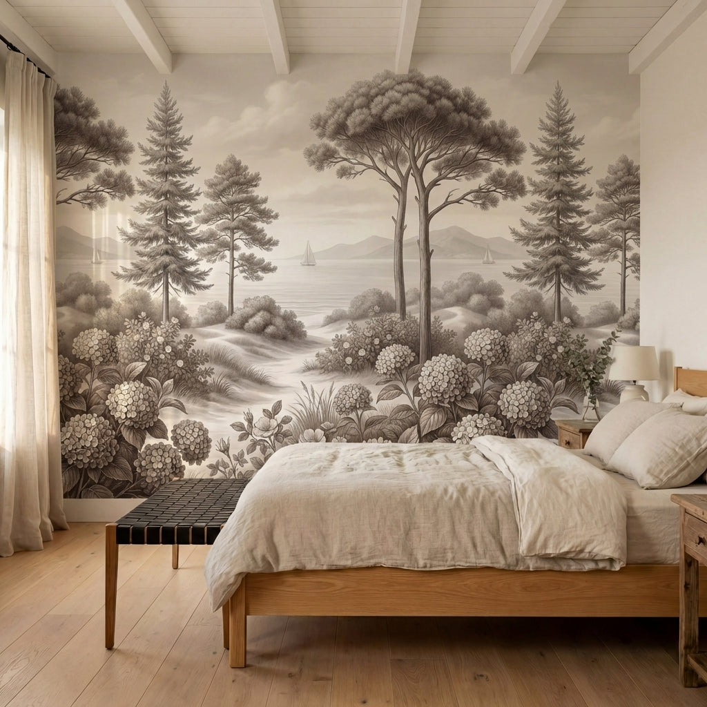 papier peint panoramique arbre noir et blanc pins parasol hortensias bosquets la-8