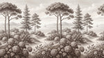 Papier peint panoramique arbres méditerranéens - Pins parasol hortensias bosquets lac côtier gravure détaillée sur mesure - Design