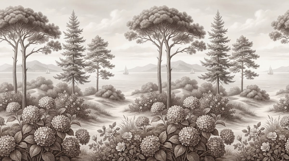 Papier peint panoramique arbres méditerranéens - Pins parasol hortensias bosquets lac côtier gravure détaillée sur mesure - Design