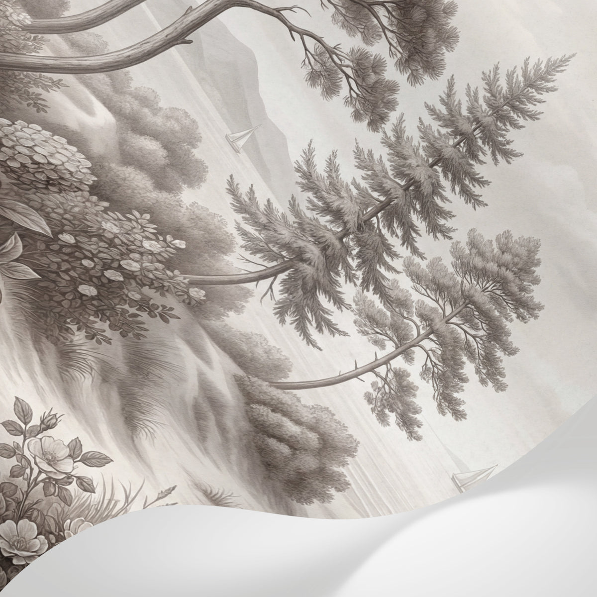 Papier peint panoramique arbres méditerranéens - Pins parasol hortensias bosquets lac côtier gravure détaillée sur mesure - Matière
