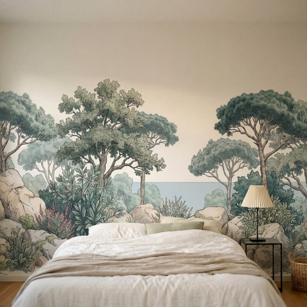 papier peint panoramique arbre pins parasol rochers cotiers mediterraneens tons -2