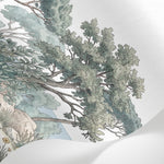 Papier peint panoramique arbre - Pins parasol rochers côtiers méditerranéens tons vert sauge et beige sur mesure - Matière