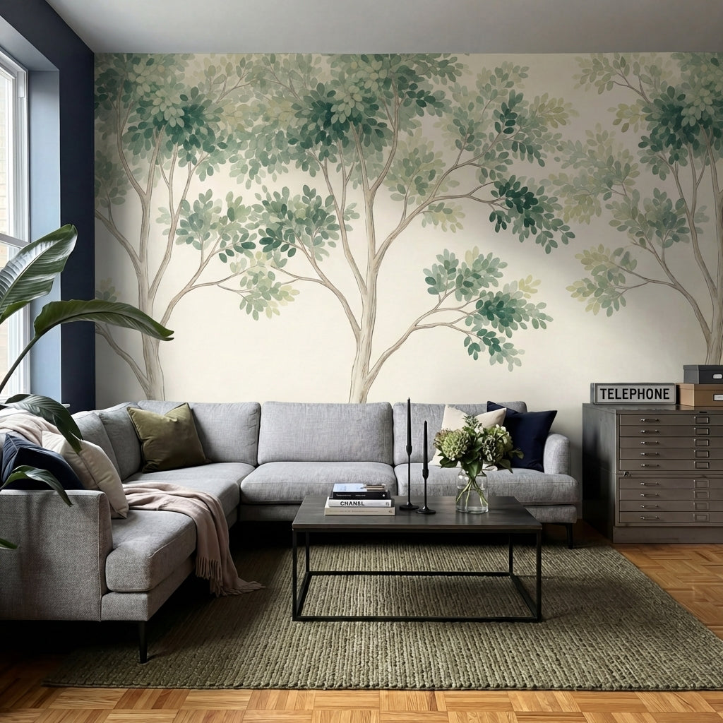 papier peint panoramique arbres feuillage etage branches entrelacees tons vert s-10