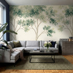 papier peint panoramique arbres feuillage etage branches entrelacees tons vert s-10