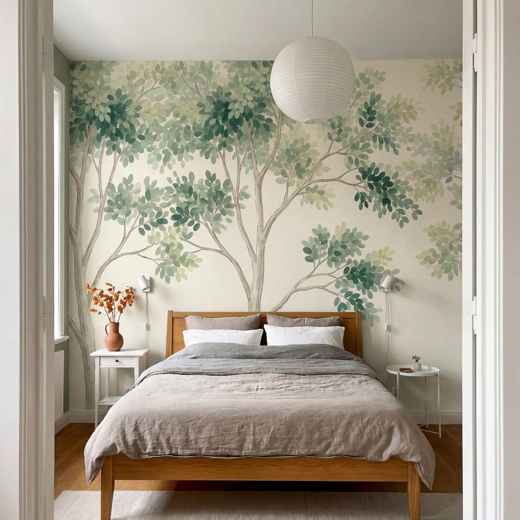 papier peint panoramique arbres feuillage etage branches entrelacees tons vert s-8