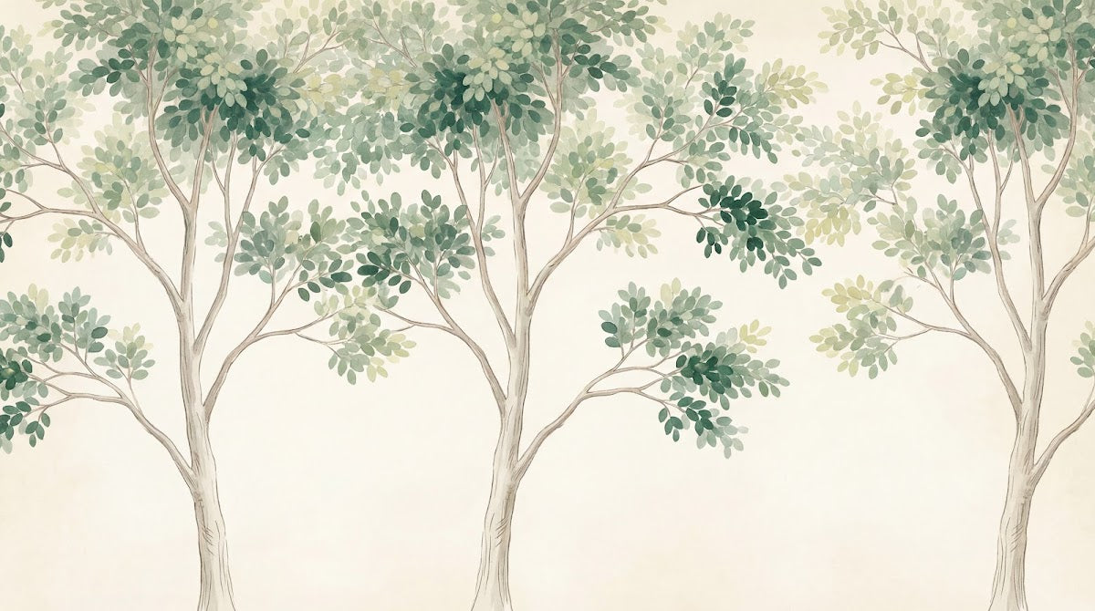 Papier peint panoramique arbres - Feuillage étagé branches entrelacées tons vert sauge et beige naturel sur mesure - Design