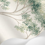 Papier peint panoramique arbres - Feuillage étagé branches entrelacées tons vert sauge et beige naturel sur mesure - Matière